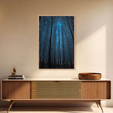 Load image into Gallery viewer, Birch Tree Forest At Night, Starry Night Sky, Framed Canvas Print, Boho Minimalist Farmhouse Decor, Primitive Art