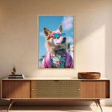 Load image into Gallery viewer, Corgi In Pink Suit Sunglasses Wall Print, Animal Print, Dog Portrait, Dog Art Print, Framed Wall Art, Framed Canvas, Wall Print, Wall Canvas