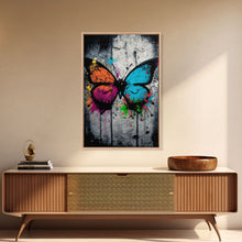Load image into Gallery viewer, Graffiti Butterfly Art, Framed Canvas Print, Large Wall Art, Contemporary Punk Art, Butterflies, Pop Art, Paint Splatter Art