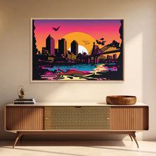 Load image into Gallery viewer, Beautiful Portland, Oregon Retro Synthwave Style Sunset Art, Framed Canvas Print, Pacific Northwest City Art
