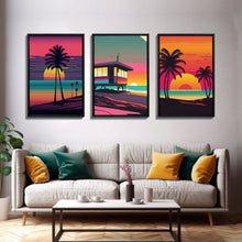 Load image into Gallery viewer, Beach Vibes, 3 Panel Wall Art, Framed Canvas Prints, Triptych Art, 3 Piece, 80s Vibes Vaporwave Wall Art, Life Guard Hut and Palm Trees