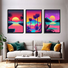 Load image into Gallery viewer, Retro 80s Style Art, 3 Panel Framed Canvas Prints, Canvas Wall Art, Synthwave / Vaporwave Aesthetic Retro Style Wall Art