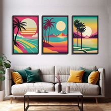 Load image into Gallery viewer, Beautiful Turquoise Retro Style Beach Art, Triptych 3 Panel Framed Canvas Prints, Palm Trees and Sunset, 80s Vibes Vaporwave Art Deco Mashup