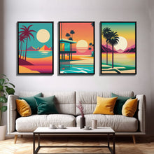 Load image into Gallery viewer, Beautiful Turquoise Retro Style Beach Art, Triptych 3 Panel Framed Canvas Prints, Palm Trees and Sunset, 80s Vibes Vaporwave Art Deco Mashup