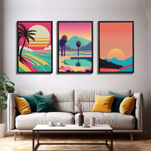 Load image into Gallery viewer, Beach Vibes - Midcentury / Art Deco / 80 Vibes Mash up - Framed Canvas Prints - Turquoise Sky and Palme Trees - 3 Panel Art, Triptych Prints