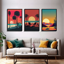 Load image into Gallery viewer, Beach Vibes - Midcentury / Art Deco / 80 Vibes Mash up - Framed Canvas Prints - Turquoise Sky and Palme Trees - 3 Panel Art, Triptych Prints