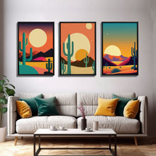 Load image into Gallery viewer, Desert Art, Desert Prints, Trendy Wall Prints, Framed Canvas Art, 3 Piece Wall Prints, Southwestern Decor, Primitive Cactus Art, Arizona Art