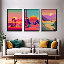 Carregar imagem no visualizador da galeria, 3 Piece Framed Canvas Wall Art, Synthwave / Vaporwave Sunset, Palme Trees and Cactus, Mid Century Modern Home Artwork Boho Decor for Bedroom