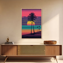 Carregar imagem no visualizador da galeria, Framed Canvas Print | Synthwave Sunset with Palm Trees | Home Decor | Ready to Hang | Retro Style Decor