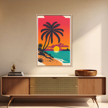 Carregar imagem no visualizador da galeria, Framed Canvas Print - Art Deco Sunset, Beaches, Minimalist Palm trees - Island Vibes - Retro Tropical Art - Pop Art Beach Decor
