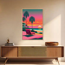 Carregar imagem no visualizador da galeria, Framed Canvas Print – Art Deco Sunset Beach, Minimalist, Retro, Palm Trees, Synthwave, Vaporwave, Island Vibes, Lounging, Synthwave Deco