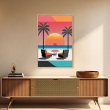 Cargar imagen en el visor de la galería, Framed Canvas Print - Art Deco Sunset, Minimalist Beach, Palm Trees, Retro Style, Synthwave, Vaporwave, Minimalist Abstract Decor