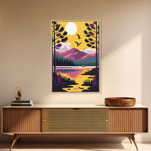 Load image into Gallery viewer, Colorful Pop Art Picture of a Mountain and Forest Landscape, Framed Canvas Print, Surrealist High Contrast Cel Shaded Landscape Art