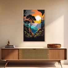 Load image into Gallery viewer, Colorful Pop Art Picture of a Mountain and Forest Landscape, Framed Canvas Print, Surrealist High Contrast Cel Shaded Landscape Art
