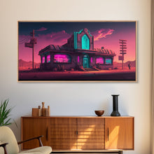 Load image into Gallery viewer, Art Deco Cyberpunk Diner, Wild West Mashup Art, Framed Canvas Print, Neon Art, Wild West Concept Art