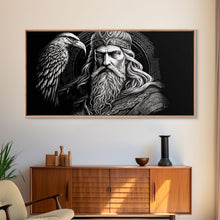 Load image into Gallery viewer, Black and White Portrait of Odin and Muninn, King of The Gods, Framed Canvas Print, Odin's Ravens, Norse Mythology Art