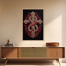 Cargar imagen en el visor de la galería, Cool Cross Art | Wall Art | Gothic Cross | Framed Canvas Print | Framed Art | Red and White Cross & Snake