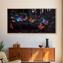 Carregar imagem no visualizador da galeria, Glowing butterflies, fantasy forest wall art, framed canvas print, mother's day, mom gift, monarch butterflies