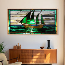 Load image into Gallery viewer, Emerald Green and Gold Art Deco Sail Boat, Framed Canvas Print, Retro MCM Style Wall Art, Midcentury Modern, Vintage Style, Stained Glass