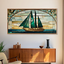 Load image into Gallery viewer, Emerald Green and Gold Art Deco Sail Boat, Framed Canvas Print, Retro MCM Style Wall Art, Midcentury Modern, Stained Glass, Huge Art
