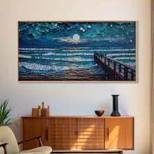 Carregar imagem no visualizador da galeria, Full Moon Over Beach & Ocean Waves - Framed Canvas Print - Lighthouse and Beach Art - Lakehouse Art - Beach House - Living Room Decor