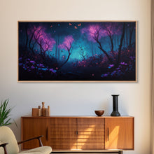 Load image into Gallery viewer, Beautiful forest canvas print Fantasy forest wall art Forest Painting, Framed Art, Glowing Butterflies