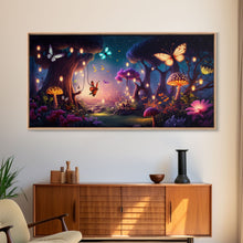 Load image into Gallery viewer, Vibrant Fantasy Forest Wall Art, The Forest Floor, Bioluminescent Glowing Butterflies, Gift, Framed Canvas Print