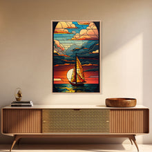 Load image into Gallery viewer, Art Deco Wall Art, Sailboat and Sunset Framed Canvas Print, Art Deco / MCM Wall Art, Stained Glass Reflections