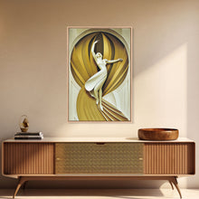 Cargar imagen en el visor de la galería, Art Deco Sculpture Canvas Print, Framed Wall Art, 1930s Inspired Retro Art, White and Gold Ballerina