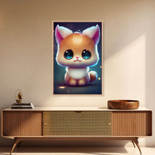 Load image into Gallery viewer, Cute Kawaii Kitten, Anime Style Art, Framed Canvas Print, Framed Art, Cat Portrait, Cartoon Cat, Kawaii Artwork