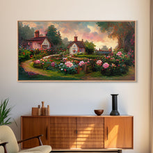 Load image into Gallery viewer, English cottage with rose garden, canvas print, cute English countryside wall art