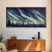 Load image into Gallery viewer, Aurora borealis over a snowy northern forest, canvas print, scenic winter landscape art, northern lights