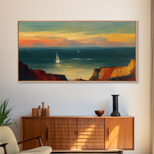 Carregar imagem no visualizador da galeria, Canvas print of sail boats on the ocean, sailing at sunset, cool lakehouse art, living room wall art, sailboats, watercolor