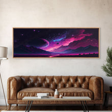 Load image into Gallery viewer, Beautiful Science Fiction Wall Art, Synthwave Style Scifi Art, Framed Canvas Print, Panoramic Alien Worlds and Star Filled Night Sky