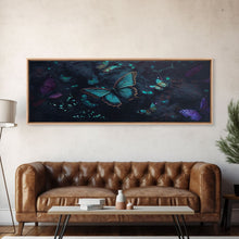 Load image into Gallery viewer, Blue Butterflies, Framed Canvas Print, Bioluminescent Glowing Butterfly Art, Framed Wall Art