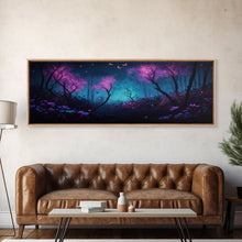 Load image into Gallery viewer, Beautiful Fantasy Forest, Framed Canvas Print, Fantasy Art, Butterflies and Fireflies Light up a Fairy Forest At Night, Framed Wall Art
