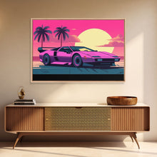 Cargar imagen en el visor de la galería, Classic sport car Wall Art, Framed Canvas Print, Guest room art, Beautiful sunset, Synthwave Style, Pink Colors, Pop Art Style, Tropical art