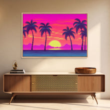 Load image into Gallery viewer, Beach sunset Wall Art, Framed Canvas Print, Colorful painting, Vibrant art, Synthwave Style, Warm Colors, Pop Art style, Tropical art