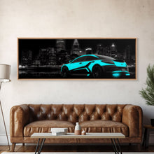 Cargar imagen en el visor de la galería, City Skyline Wall Art, Teal Sports Car, Abstract Urban Art, Cityscape Art, Dark Night Large Urban Art, Panoramic, Wall Art, Canvas Print
