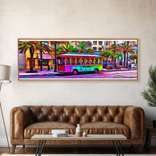 Load image into Gallery viewer, Colorful Vibrant Tram Wall Art, Palm Trees Art Print, Colored Pencil Sketch, Framed Canvas, Abstract Art, Panoramic, Wall Art, Canvas Print