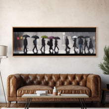 Load image into Gallery viewer, Crowd Walking With Umbrellas Canvas Print, Raining City Art, Urban Art, Large Urban Art Print, Wall Decor, Panoramic, Wall Art, Canvas Print