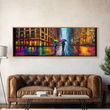 Cargar imagen en el visor de la galería, Colorful Umbrellas City Canvas Print, Large Urban Art Print, Two People Walking On Street, Vibrant Art, Panoramic, Wall Art, Canvas Print