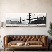 Load image into Gallery viewer, Black And White Suspension Bridge Canvas Print, Large Urban Art Print, Sailboat, River, Landscape, Panoramic, Wall Art, Canvas Print