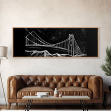 Load image into Gallery viewer, Black And White Suspension Bridge Canvas Print, Large Urban Art Print, Line Art, Chalk Wall Decor, Panoramic, Wall Art, Canvas Print