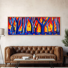Cargar imagen en el visor de la galería, Forest On Fire, Red Flames, Blue Trees, Abstract Forest Art, Canvas Wall Decor, Large Art Print, Panoramic, Wall Art, Canvas Print
