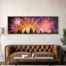 Carregar imagem no visualizador da galeria, Fireworks Over Forest Canvas Art Print, Woods, Pines Trees, Wall Decor, Framed Large Canvas Print, Panoramic, Wall Art, Canvas Print