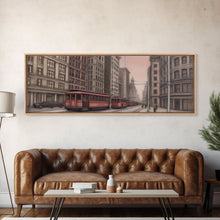 Cargar imagen en el visor de la galería, Colored Pencil Streetcar Urban Art Print, Red Train, Tram In The City, Sketch Art, City Art, Urban Print, Panoramic, Wall Art, Canvas Print