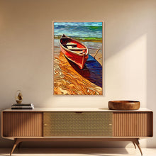 Carregar imagem no visualizador da galeria, Abandoned Canoe On The Lake, Framed Canvas Print, Oil Painting Style, Abstract Wall Art, Lakehouse Wall Decor, Boho Art