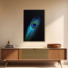 Carregar imagem no visualizador da galeria, A Lone Peacock Feather, Framed Canvas Print, Feather Photography, Beautiful & Colorful Peacock Art