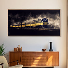 Load image into Gallery viewer, Black Yellow Locomotive Wall Decor, Railroad Wall Decor, Railway Wall Art, Panoramic Wall Decor, Canvas Print, Wall Art, Framed Canvas Art